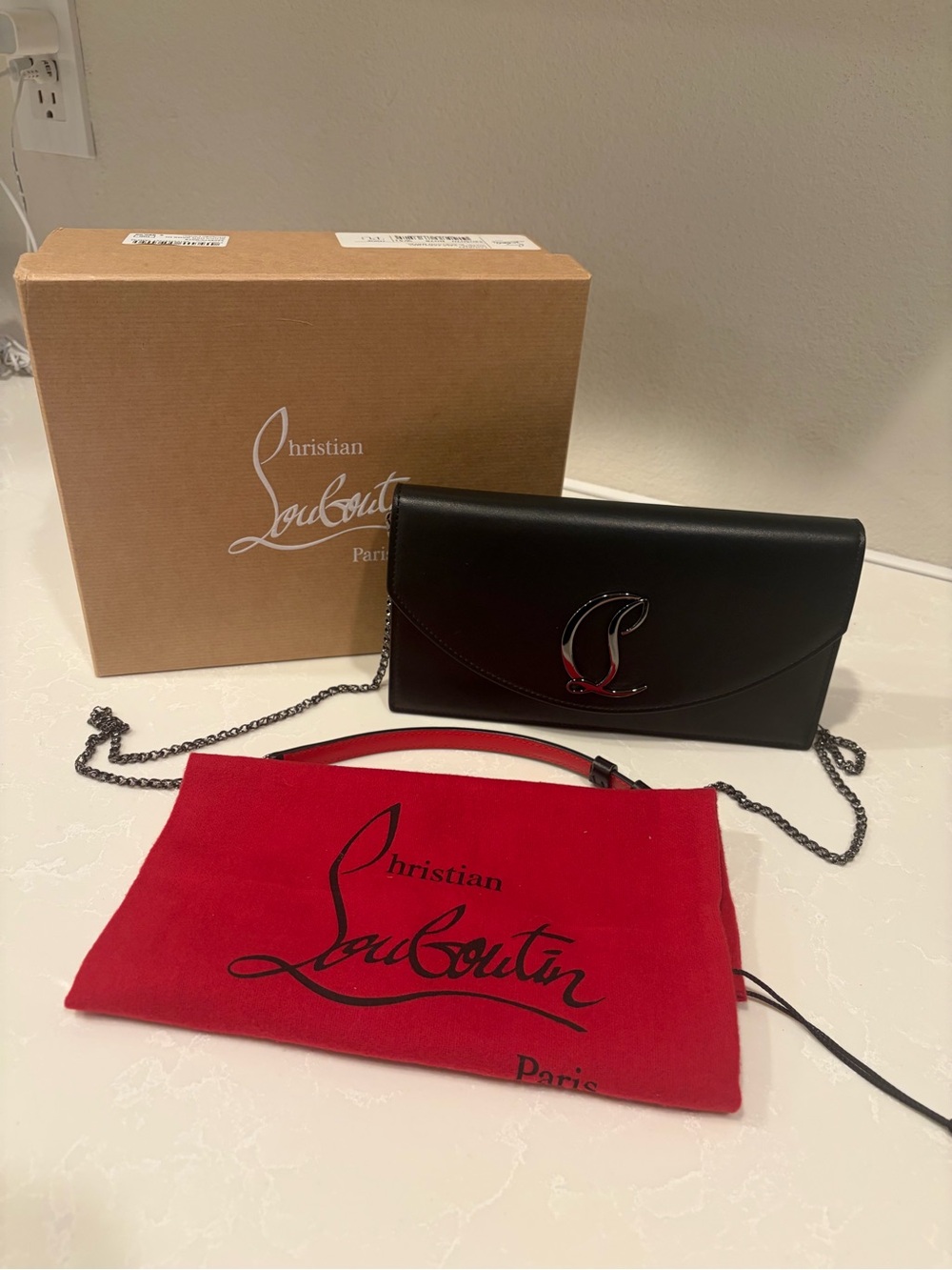 Authentic!Christian Louboutin Motif Plague Black Leather  Crossbody Clutch